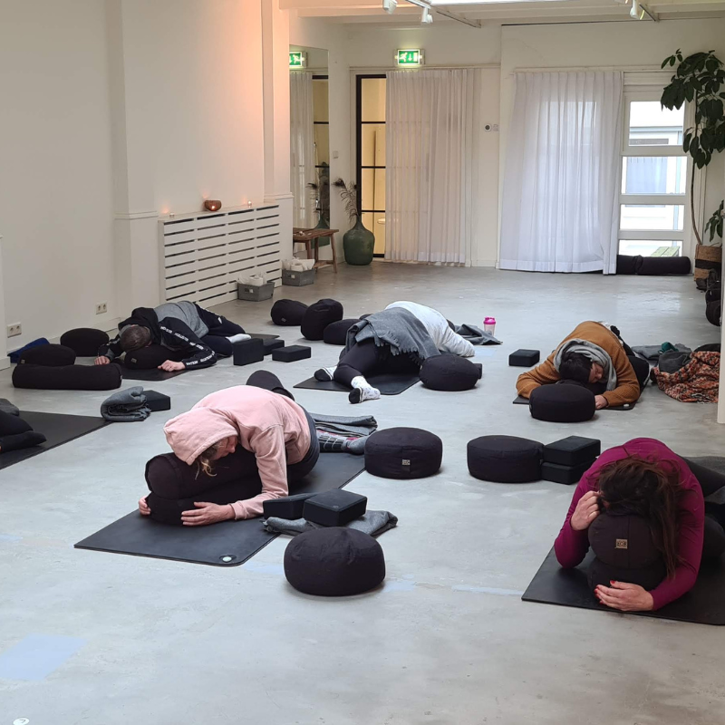 Deelnemers doen yoga buiten bij Fort bij Nigtevecht