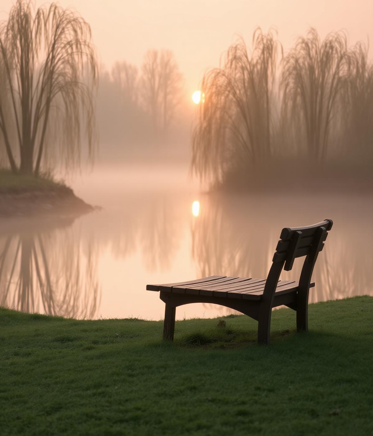 Bankje aan het water bij zonsopkomst