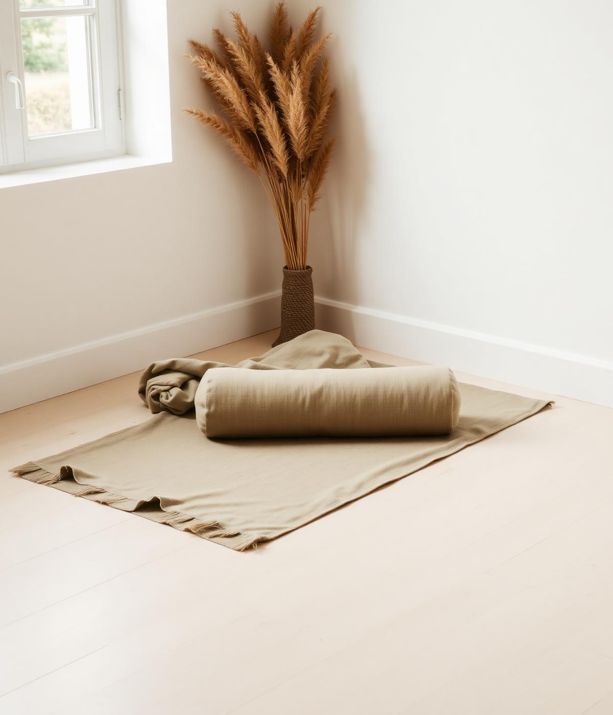Yoga bolster en deken bij zacht ochtendlicht